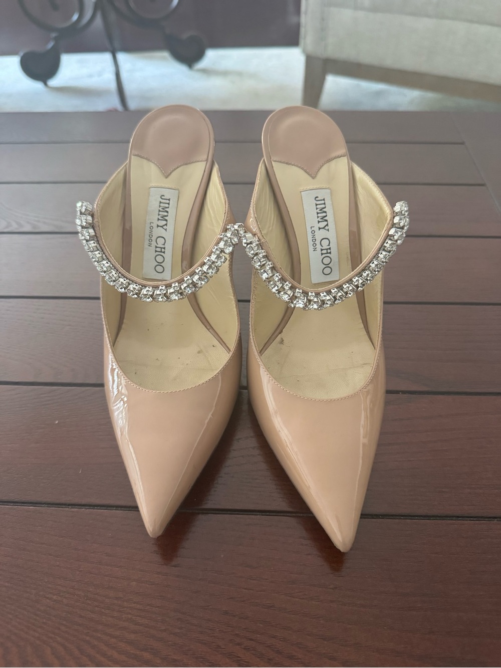 Jimmy Choo Blush Patent Leather Pointed-Toe Bing 100 with Crystal Strap - Picture 2 of 6